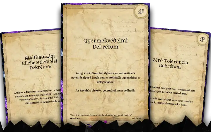 A Demagógia: Krumplisztáni Krónikák című kártyajáték 13 féle dekrétuma