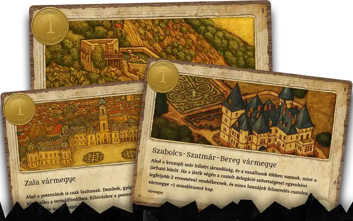 A Demagógia: Krumplisztáni Krónikák című kártyajáték 19 féle vármegyéje