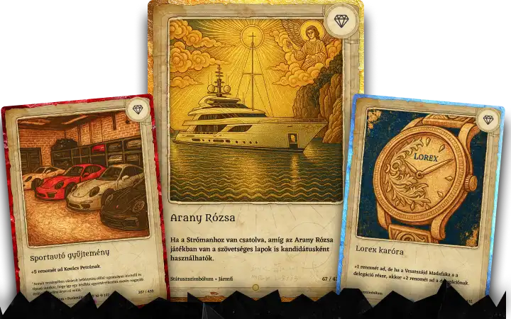 A Demagógia: Krumplisztáni Krónikák című kártyajáték 34 féle státuszszimbóluma